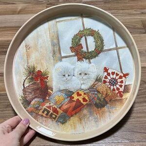 Vintage 1991 Giordano Round Metal Christmas Serving Tray Cats‎
